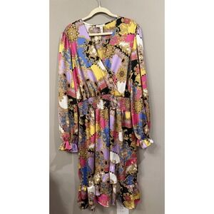 Karen T Design Baroque Faux Wrap Dress Size 2X Ruffle Colorful